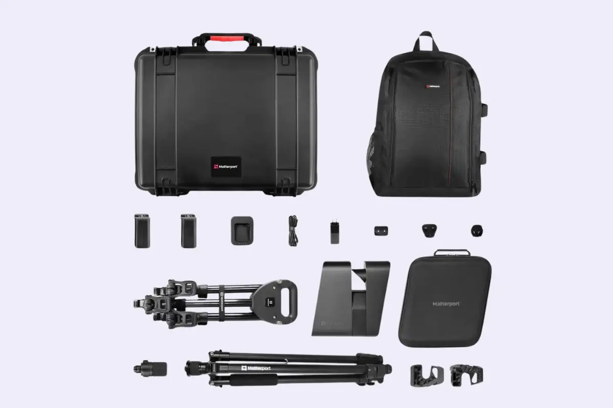 Matterport Pro3 camera Performance Kit, along with essential accessories such as a tripod mount, extra battery, hard case, backpack and charging kit.